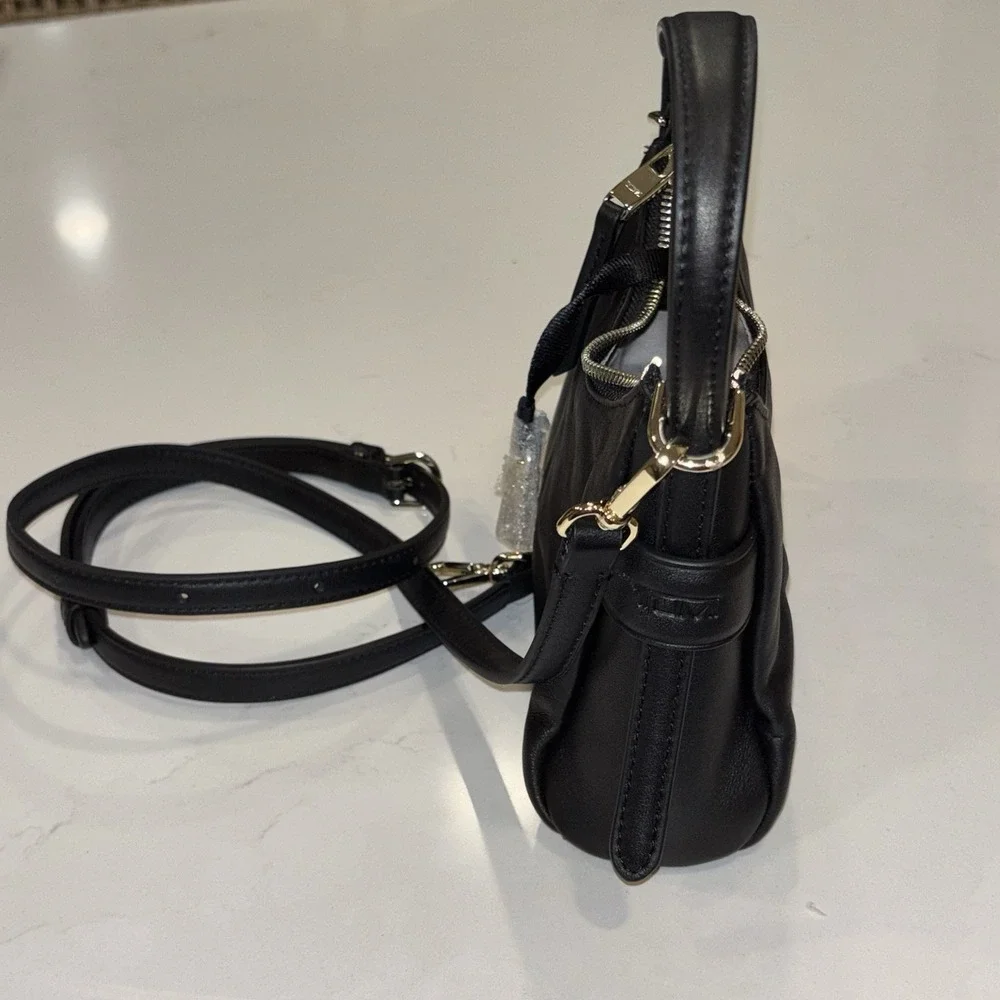 NWT TUMI Voyageur Evora Mini Hobo Black Leather Crossbody Bag Gold Hardware